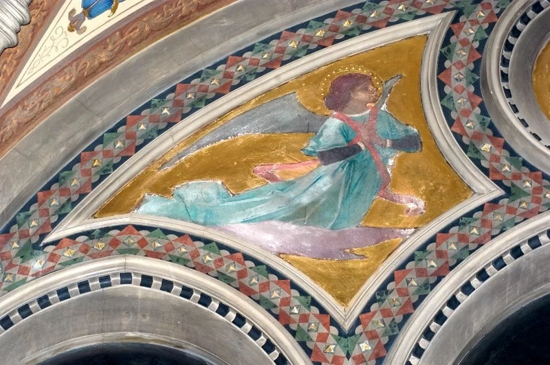  107-Modesto Faustini-Angelo inginocchiato con veste azzurra e nastri rossi - Santuario Santa Maria delle Grazie, Brescia 